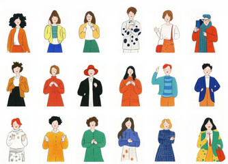 Obraz premium Diverse group of hand drawn characters showcasing various styles and colors. Each figure represents unique fashion choices and expressions, creating vibrant and inclusive atmosphere