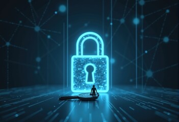 A key man stands before a glowing blue padlock symbol representing cybersecurity and data protection.