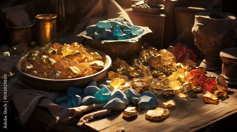 Poster close up image showcasing an assortment of shimmering gold nuggets sparkling gems and other precious