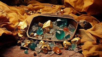 Detailed close up shot of a collection of golden nuggets and various gemstones placed on a miner s wooden table representing the valuable mineral resources found in the earth s crust