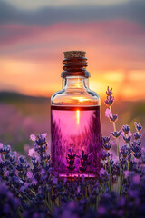 Glass bottle of lavender essential oil with fresh flowers. Flowering field on the background, sunset. Aromatherapy spa massage vertical concept. Lavendula oleum