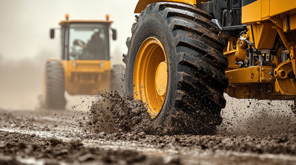 Heavy machinery working on muddy terrain, showcasing tire tracks and splashes of dirt. scene captures power and efficiency of construction equipment in action