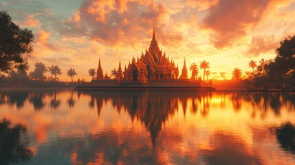 Fototapeta premium A beautiful reflection of a temple in the water at sunset, surrounded by serene natural beauty 