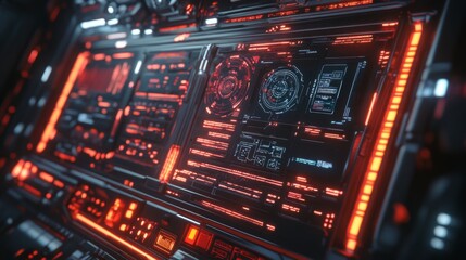 Futuristic red digital interface with glowing screens and data.