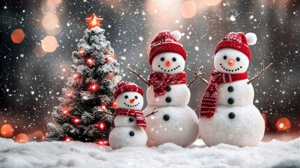 Fototapeta premium Joyful Snowman Family by Christmas Tree in Snowy Winter Wonderland