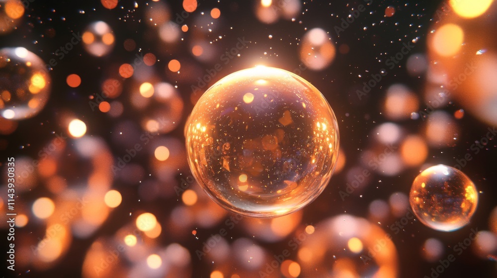 Aufkleber glowing amber spheres float in dark space, bokeh effect.
