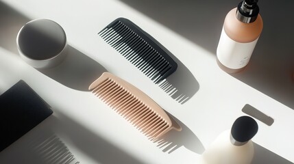 clean flat lay of hairstyling tools including comb and styling product displayed on matte white surface under soft