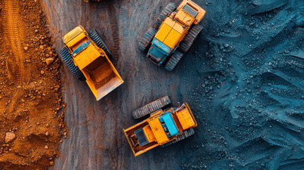 Obraz premium Vibrant scene of heavy graders working together on construction site, showcasing their powerful machinery and contrasting colors of earth and gravel