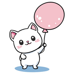 Fototapeta premium An adorable kawaii 2D cartoon vector cat holding shaped balloon, pastel palette, plain white background 