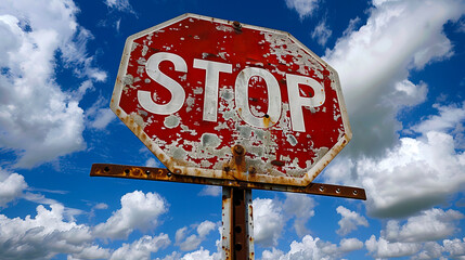 Rusty old stop sign in an outdoor setting with a weathered look, symbolizing urban decay and vintage aesthetics cloudy sky
