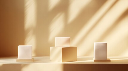 Minimalist display with geometric shapes and soft warm lighting