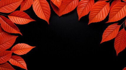 Fototapeta premium Crimson Leaves Frame: Vibrant crimson autumn leaves frame a black background, creating a natural, rustic border for your design or message. This striking composition evokes warmth and beauty.