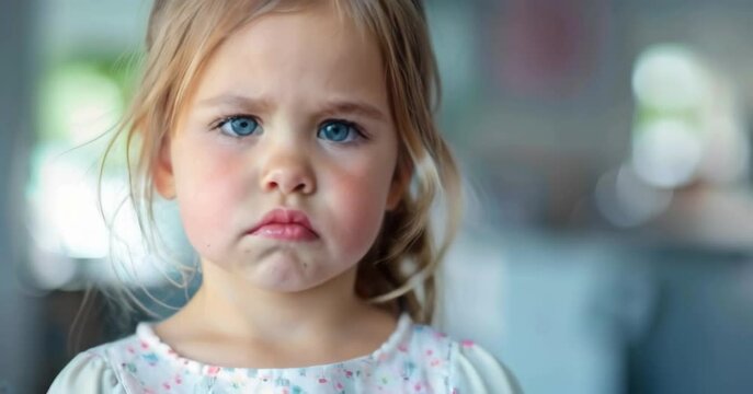 Portrait of a grumpy toddler girl making different sad and upset expressions