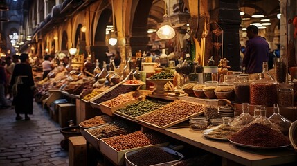 Fototapeta premium Bustling Middle Eastern Marketplace Filled with Lively Stalls Selling an Assortment of Spices Fabrics Crafts and Other Unique Goods