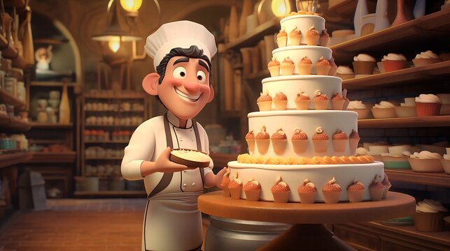 Cheerful 3D Cartoon Baker Decorating Giant Cake in Vibrant Bakery Scene  Whimsical Confectionery Display with Colorful Frosting and Toppings for or Advertising