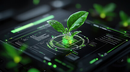 digital representation of sustainability goals featuring green leaves on futuristic interface, symbolizing eco friendly technology and innovation