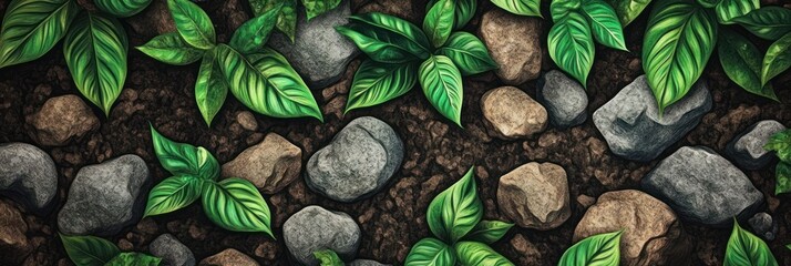 Lush green leaves scattered on dark soil with grey and brown stones.