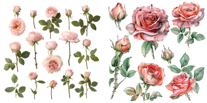 Set of roses isolated on a white background. Generative AI.
