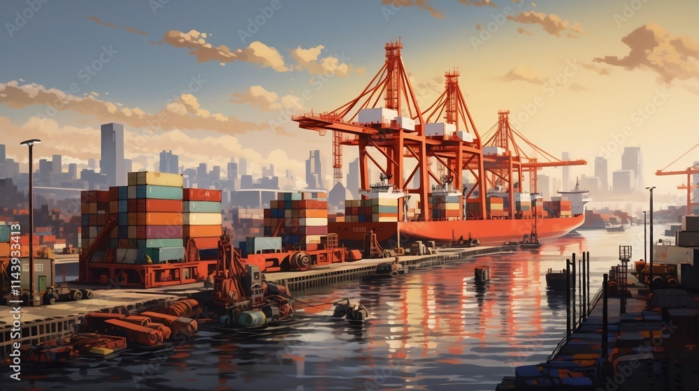 Poster bustling seaport scene with towering cranes efficiently loading a variety of cargo containers onto l