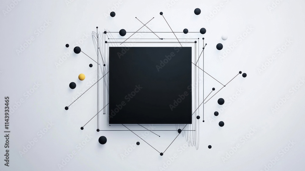 Poster abstract design featuring a central black square surrounded by colorful spheres and lines, creating 