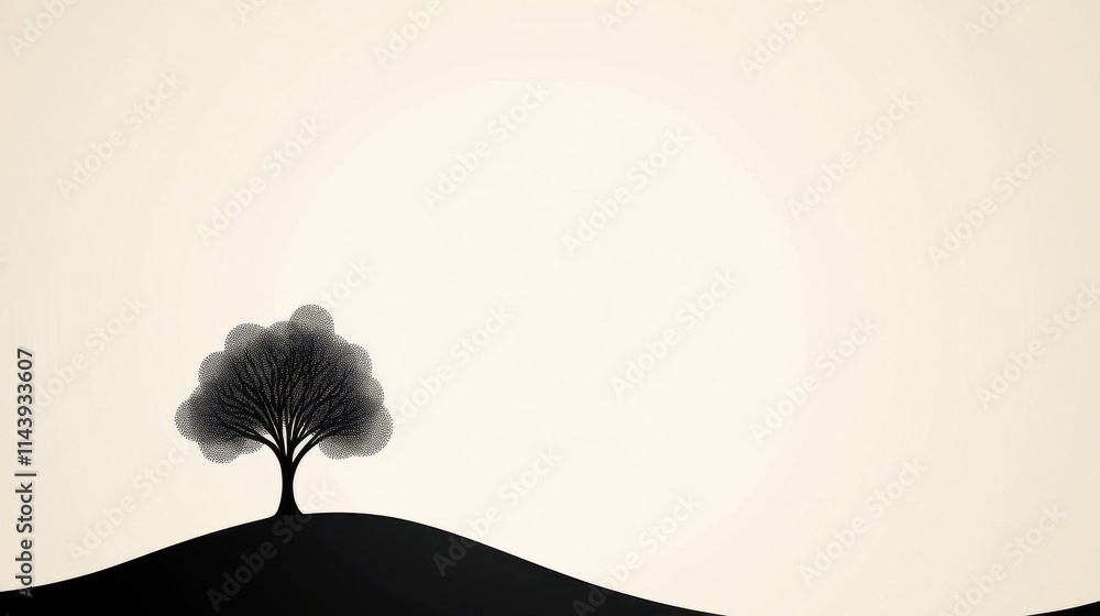 Poster abstract silhouette of a solitary tree on a gentle hill against a minimalist background emphasizing 