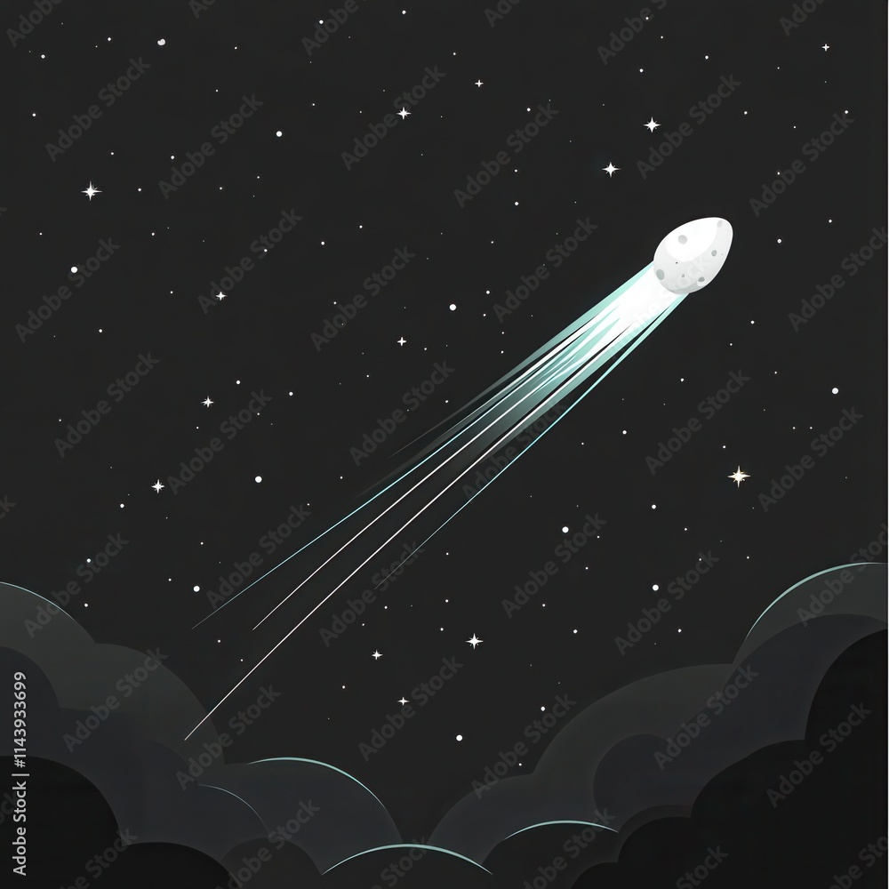 Poster rocket launching through a starry night sky with trailing light effects and artistic clouds in a dre