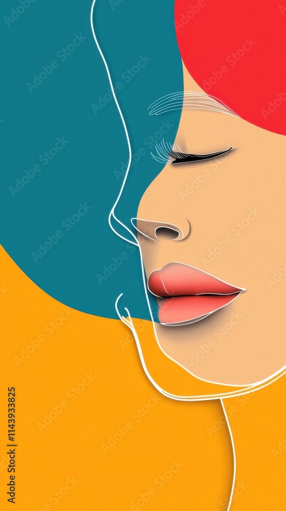 Poster abstract portrait of a female face featuring simple line art and vibrant color blocks representing e