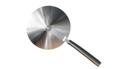 A stainless steel pizza cutter designed for precision slicing, perfect for home cooks and professional chefs, ensuring seamless pizza preparation and serving..