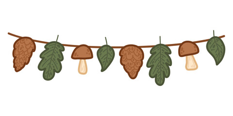 Festive garland with natural elements like leaves, mushrooms, and pinecones. Vector illustration in simple cartoon style perfect for storytelling visuals, rustic illustrations, or outdoor decor