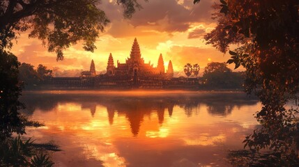 Fototapeta premium A beautiful reflection of a temple in the water, framed by trees, with a stunning sunset behind it