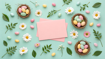 A cheerful Easter arrangement with pastel-colored eggs in decorative nests, daisies, and a blank card on a mint green background. A festive and vibrant spring design.