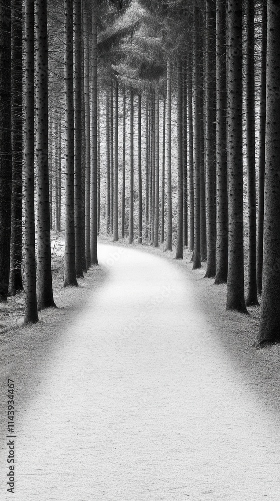 Poster serene tree-lined pathway through a quiet forest displaying steep, vertical trees and soft snow unde
