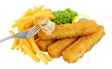 Breadcrumb coated cod steak fish fingers and chips meal with mushy peas isolated on a white background