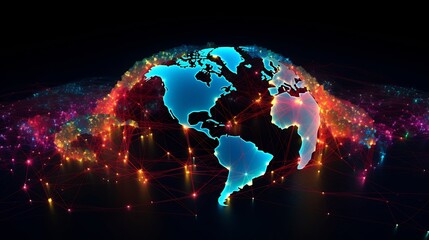 Fototapeta premium Colorful 3D rendering depicting the interconnected global economy visualized through a network of data points highlighting the complex and data driven nature of modern finance business