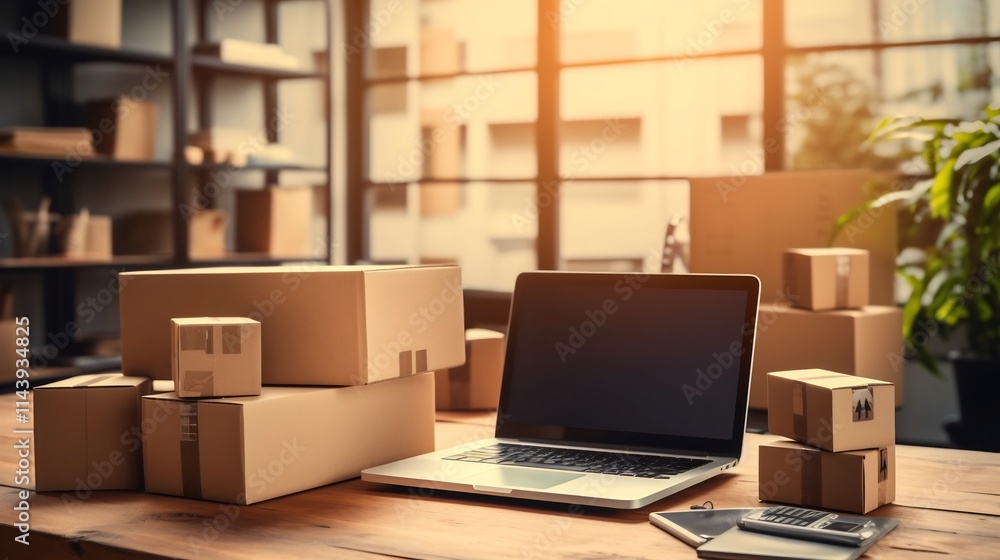 Poster a modern e commerce workspace with a laptop screen showing sales growth analytics and shipping boxes