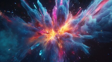 A chaotic neon explosion with shards of glowing cyan, magenta, and yellow light radiating outward. The scene is filled with depth, dynamic shadows, and intense energy, set against a black void.