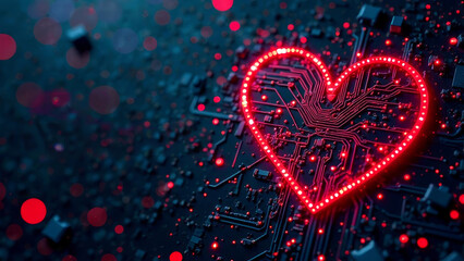 Heart shaped circuit made of red LED lights glowing on motherboard. Dark futuristic background with copy space. Happy Valentine's Day greetings to IT specialists and electronics parts manufacturers