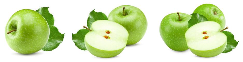 piece of green apple with green leaves isolated on white background. clipping path