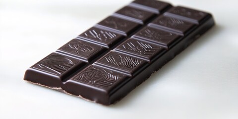 dark chocolate bar with detailed engraving displayed on matte white surface under diffused natural light