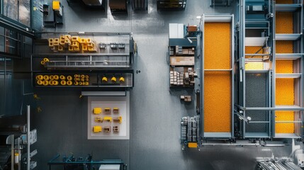 A clean and modern plastics manufacturing facility viewed from above. The right side features vibrant bins of plastic pellets and molds producing intricate parts. The left area is intentionally clear,