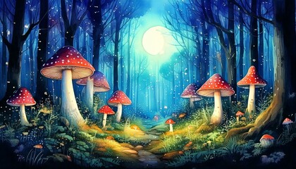 Magical watercolor forest with glowing mushrooms and fireflies under moonlight