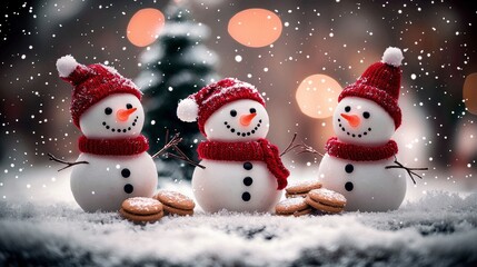 Three Adorable Snowmen in a Winter Wonderland with Christmas Cookies