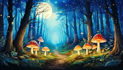 Magical watercolor forest with glowing mushrooms and fireflies under moonlight