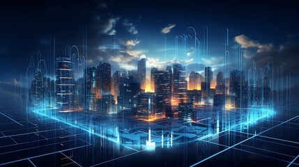 Obraz premium Thriving Digital Landscape A Modern Tech Hub Symbolizing the Growth and Innovation of the Digital Economy Showcasing a futuristic cityscape with towering skyscrapers