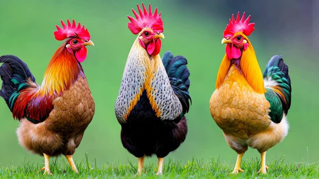 Three chickens standing in a field with one of them being a rooster. The other two are brown and yellow