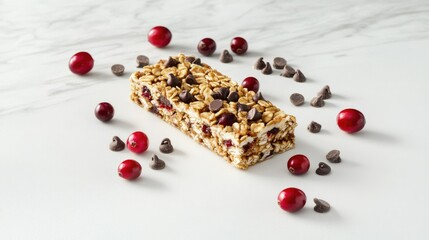 A delicious sunbutter granola bar placed on a white surface, surrounded by scattered cranberries and chocolate chips, showcasing its wholesome ingredients in a visually appealing arrangement.