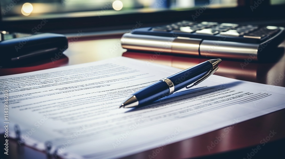 Poster close up view of investment related documents reports and a pen placed on a desk representing financ