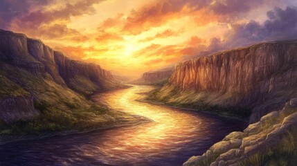 Fototapeta premium Serene sunset over a meandering river flowing through a canyon.