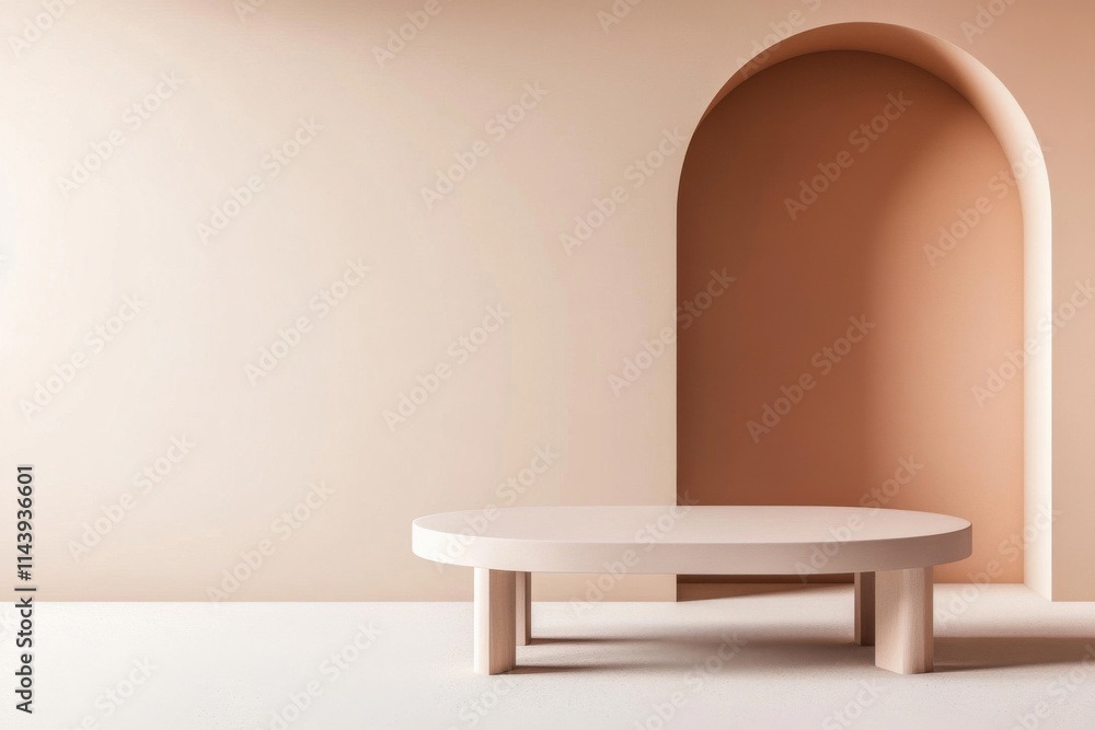 Poster modern minimalist interior with soft curves featuring a light colored round table against a subtle t