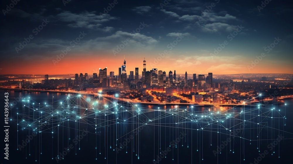 Aufkleber overlaid economic data visualizations including graphs charts and statistics on a image of an urban 